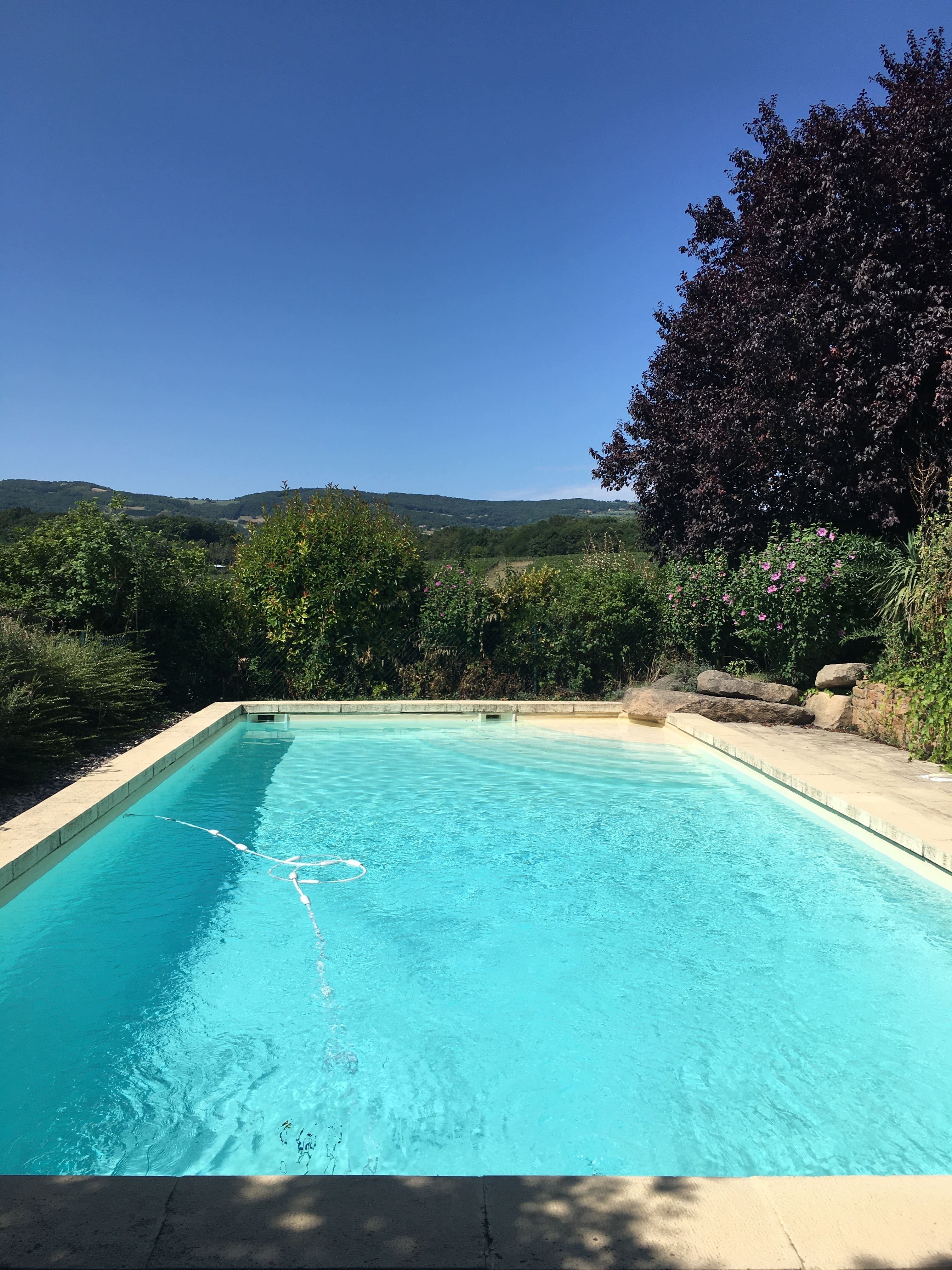 Piscine panoramique du Cottage des Pierres Dorées avec vue dégagée sur la campagne et les vignes
